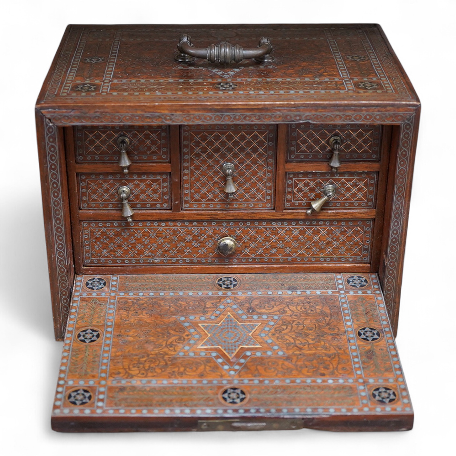 A 19th/20th century Indian decorative metal inlaid table cabinet, with drawers, 19cm x 14.5cm high